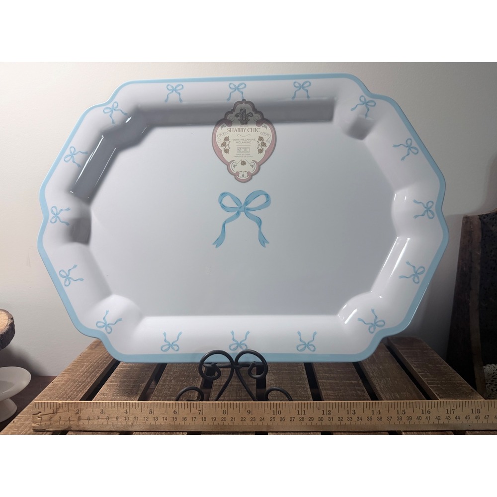 Shabby Chic Blue Bow Ribbon Large Melamine Serving Tray Platter